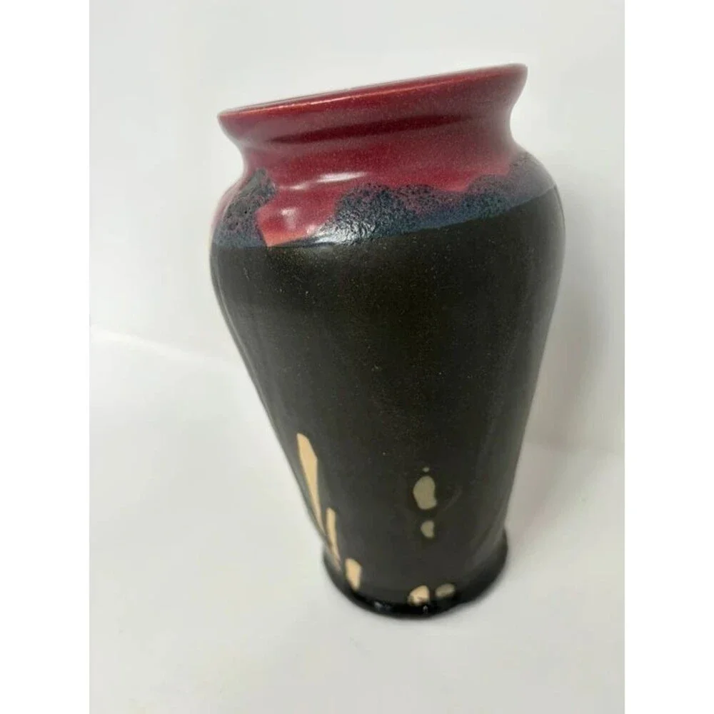 Mid Century Modern Style Art Pottery Vase Black Red Glaze Drip Signed dedicated